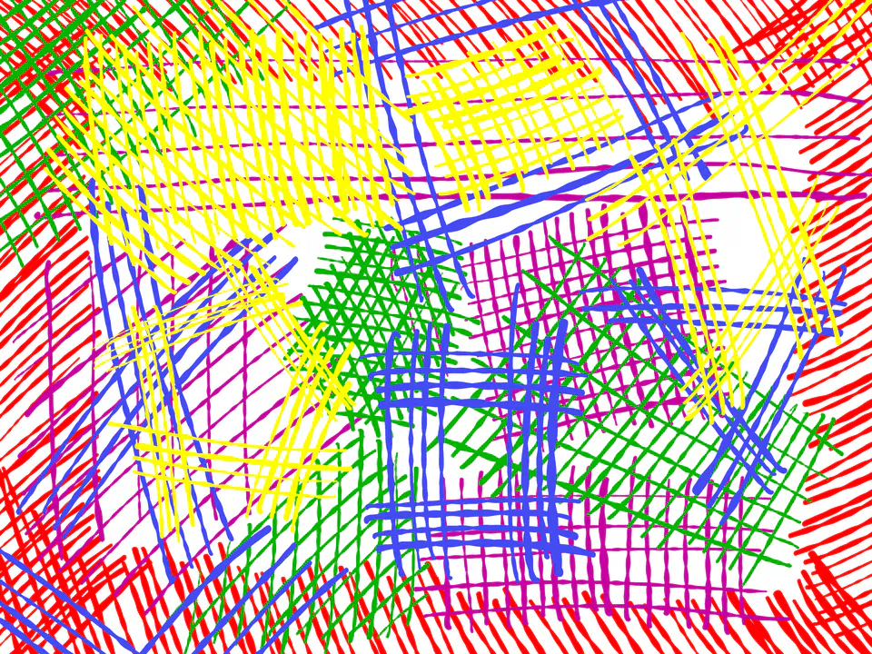 A drawing exercise of multiple overlapping colourful lines.