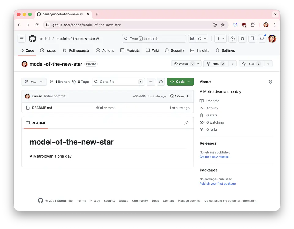 A screenshot of a GitHub repository named "cariad/model-of-the-new-star". It contains a single file named "README.md" with the text "A Metroidvania one day".