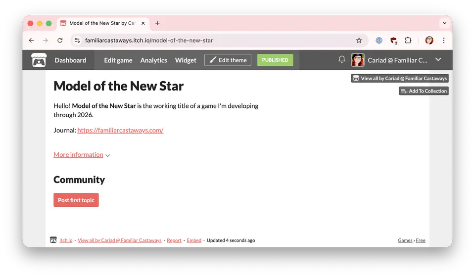 A screenshot of an empty itch.io game page named "Model of the New Star".