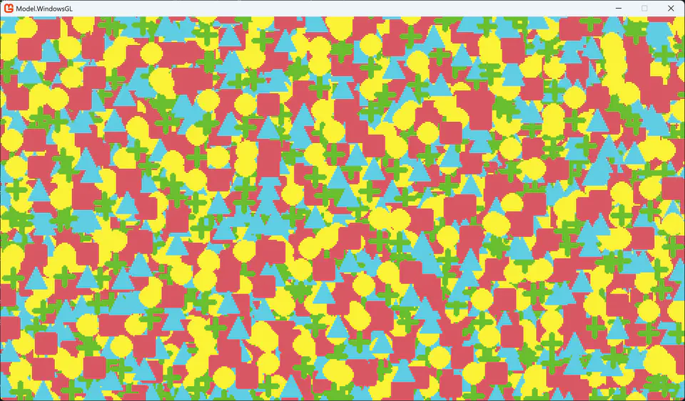 A screenshot of a window named "Model.WindowsGL" with the MonoGame logo. The window is full of overlapping yellow circles, red squares, blue triangles and green crosses.